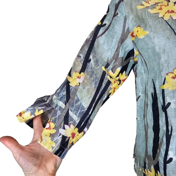 Citron Watercolor Floral Linen Silk Button Up Shirt XS Mandarin Collar Coastal - Picture 4 of 9